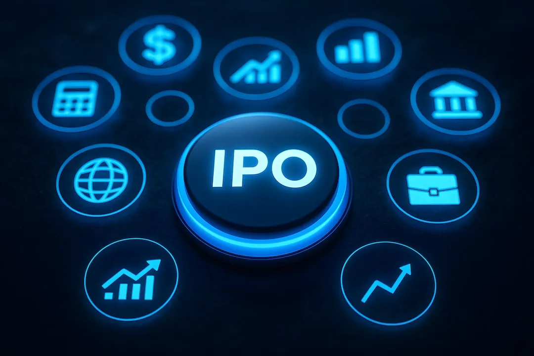 A glowing blue button labelled IPO sits at the centre of circular finance icons. Concept of initial public offering and market opportunity.