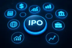 A glowing blue button labelled IPO sits at the centre of circular finance icons. Concept of initial public offering and market opportunity.