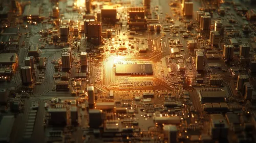 High-detail shot of a printed circuit board showing capacitors, microchips, and carefully etched copper traces under soft lighting