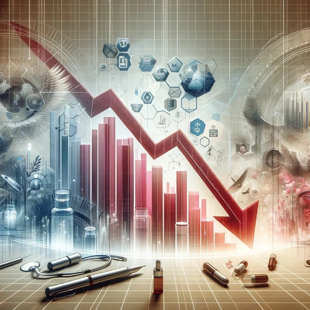 Red Arrow Depicting Stock Dropping with beauty products and pills scattered around.