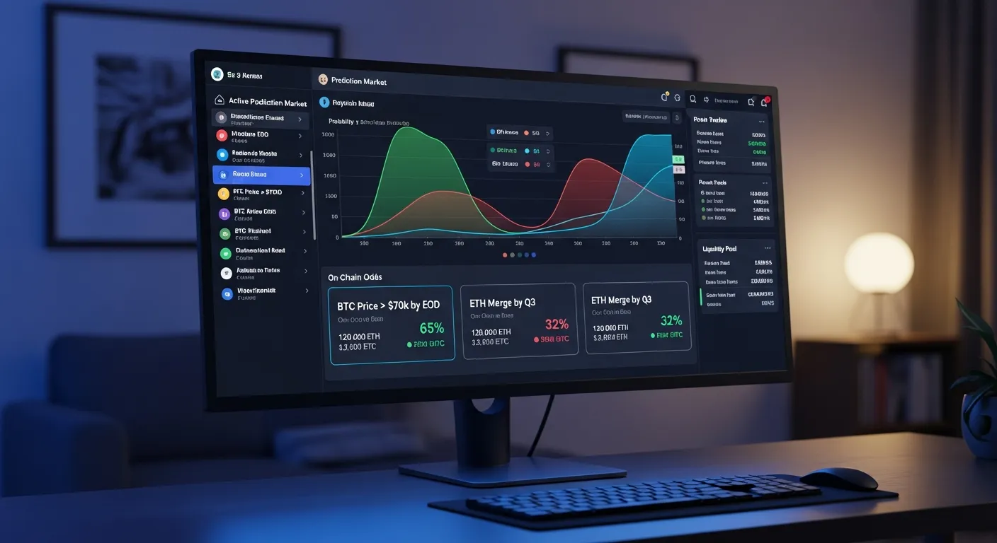 crypto prediction market dashboard showing on-chain odds and volumes