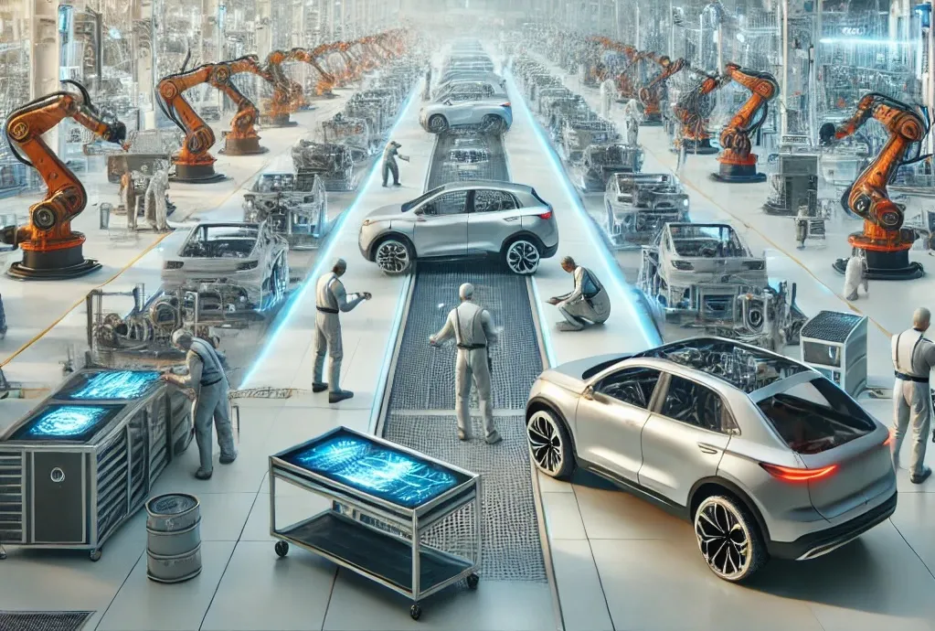 dvanced robotics, sleek vehicles in various stages of assembly