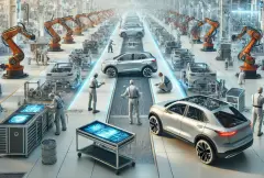 dvanced robotics, sleek vehicles in various stages of assembly