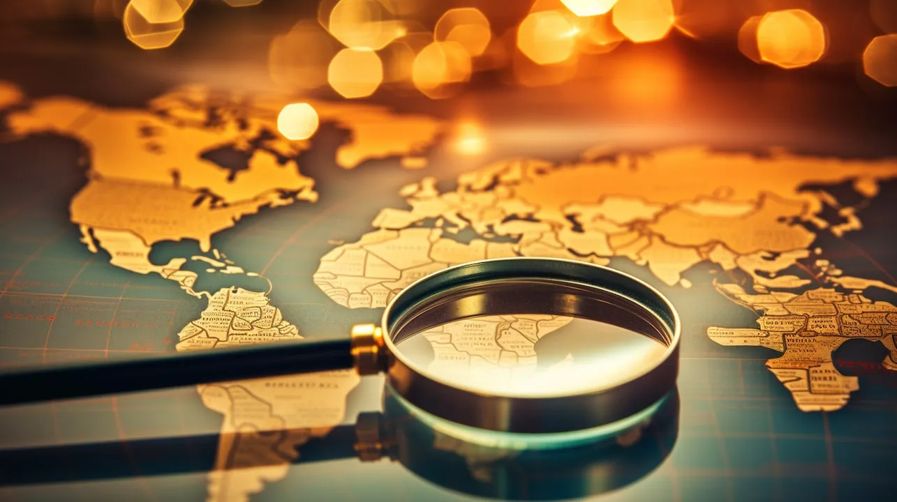 Magnifying glass over a world map highlighting global markets, finance and investment, banner, Global Diversification