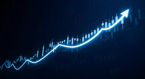 Stock Arrow trending up against candlestick chart