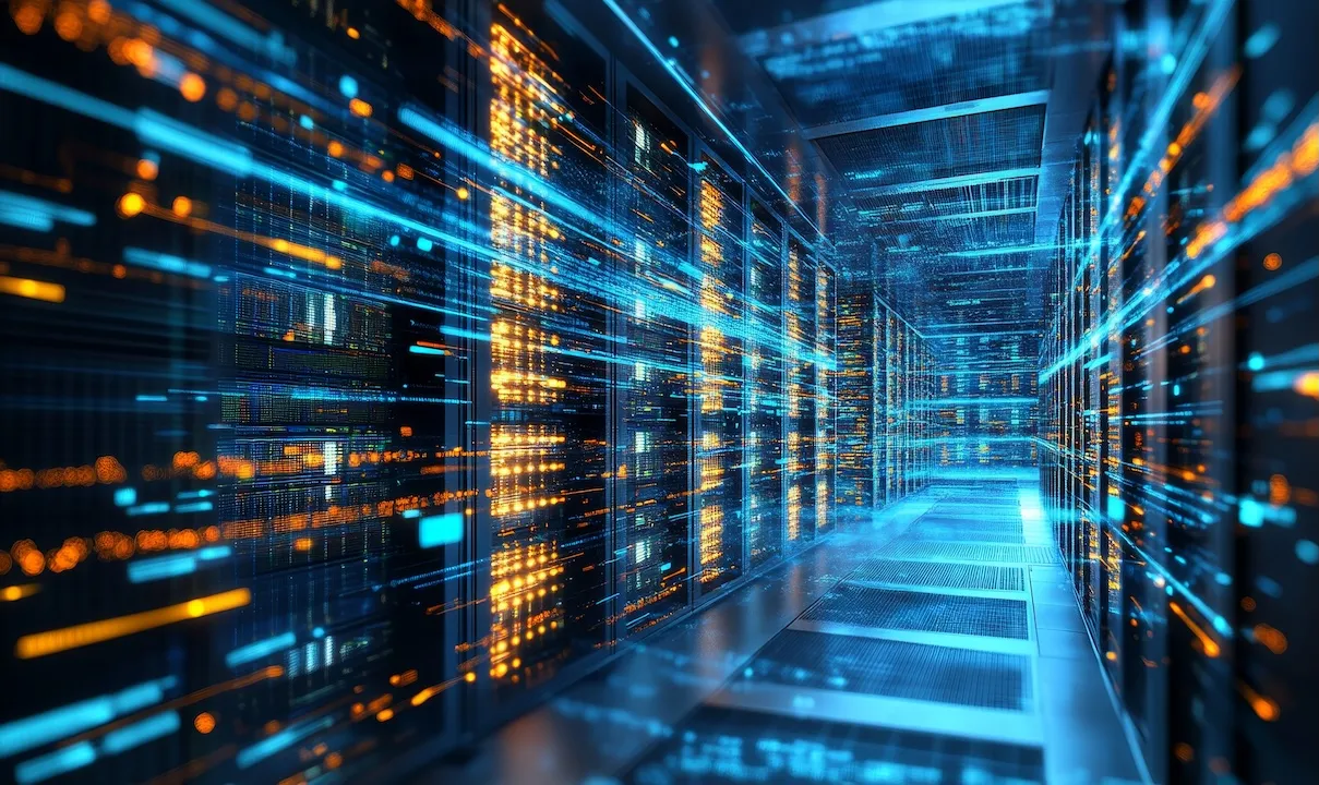 Advanced data center showcasing server cabinets and high tech equipment for cloud computing services