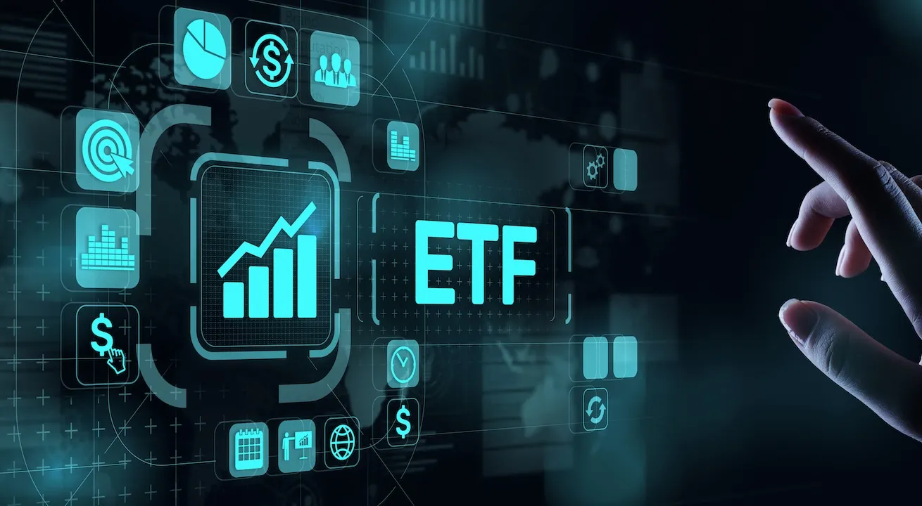 ETF Exchange traded fund Trading Investment Business finance concept on virtual screen.