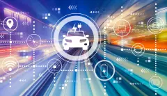 Electric Vehicle graphic overlaying road and horizon