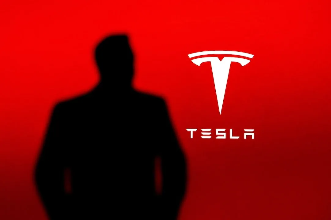 The image features a person's silhouette, presumed to be Elon Musk, in front of a red backdrop with Tesla's logo.