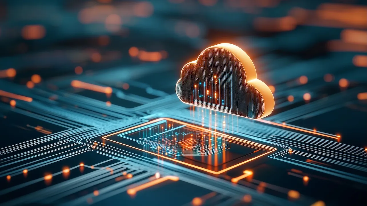 A digital representation of cloud computing, featuring a glowing cloud hovering above a network of circuits, symbolizing data transfer and technology 