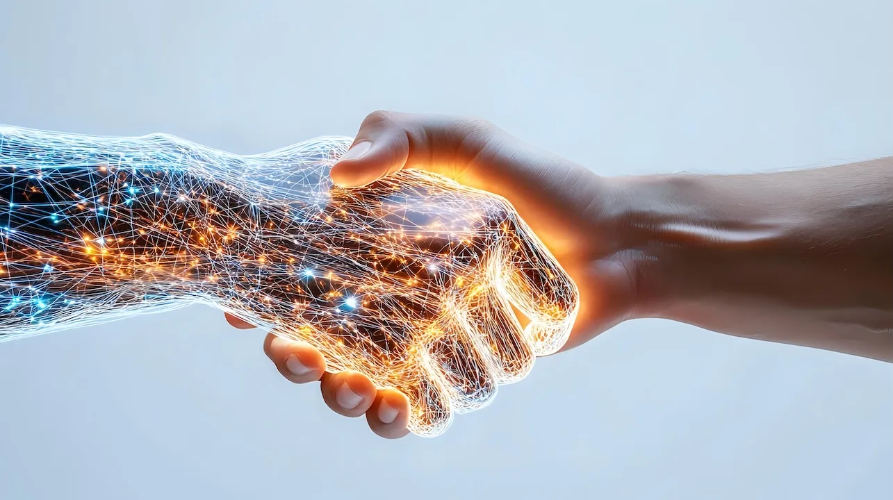 Digital transformation handshake with glowing network effect, one hand made of technology particles and light streams connecting with human hand on black background