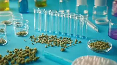 A minimalist composition showing cannabis analysis tools like a chromatography setup with detailed labels Stock Photo with side copy space