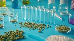 A minimalist composition showing cannabis analysis tools like a chromatography setup with detailed labels Stock Photo with side copy space