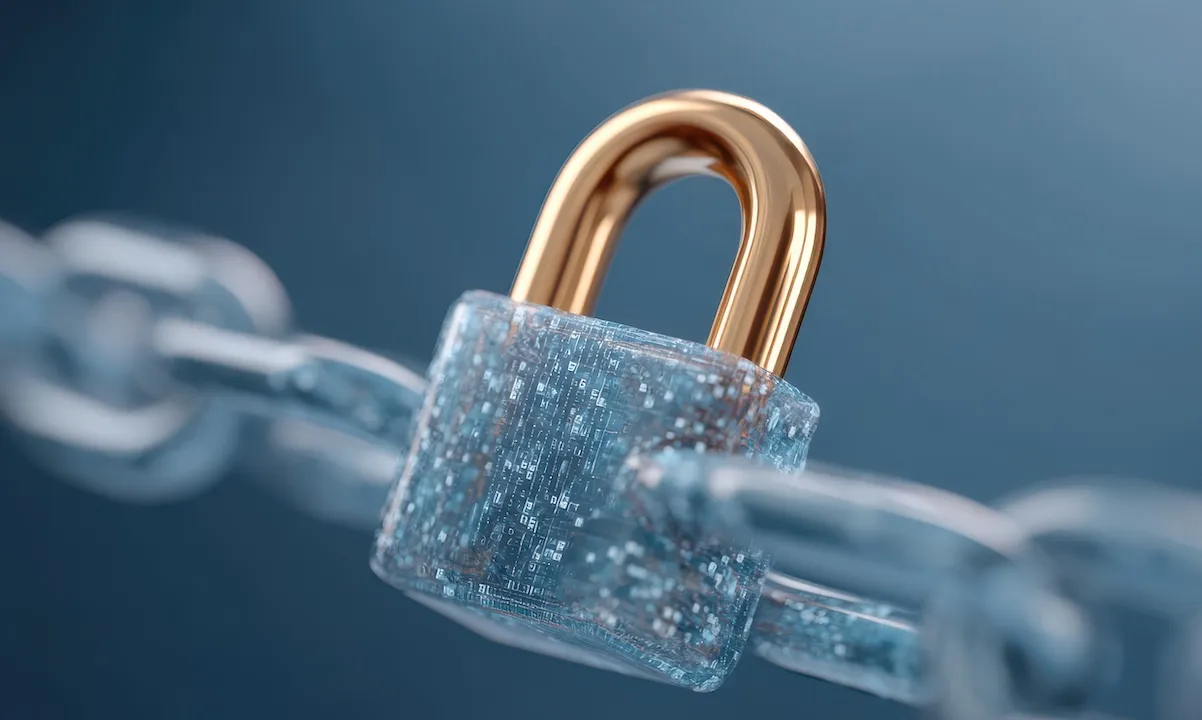 A shiny padlock secured on a blue chain link, symbolizing security and protection.