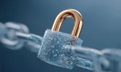 A shiny padlock secured on a blue chain link, symbolizing security and protection.