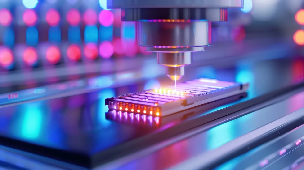 A close-up view of a semiconductor chip being processed with advanced laser technology, showcasing vibrant lights and precision engineering.