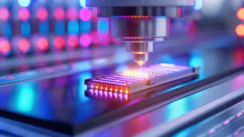 A close-up view of a semiconductor chip being processed with advanced laser technology, showcasing vibrant lights and precision engineering.