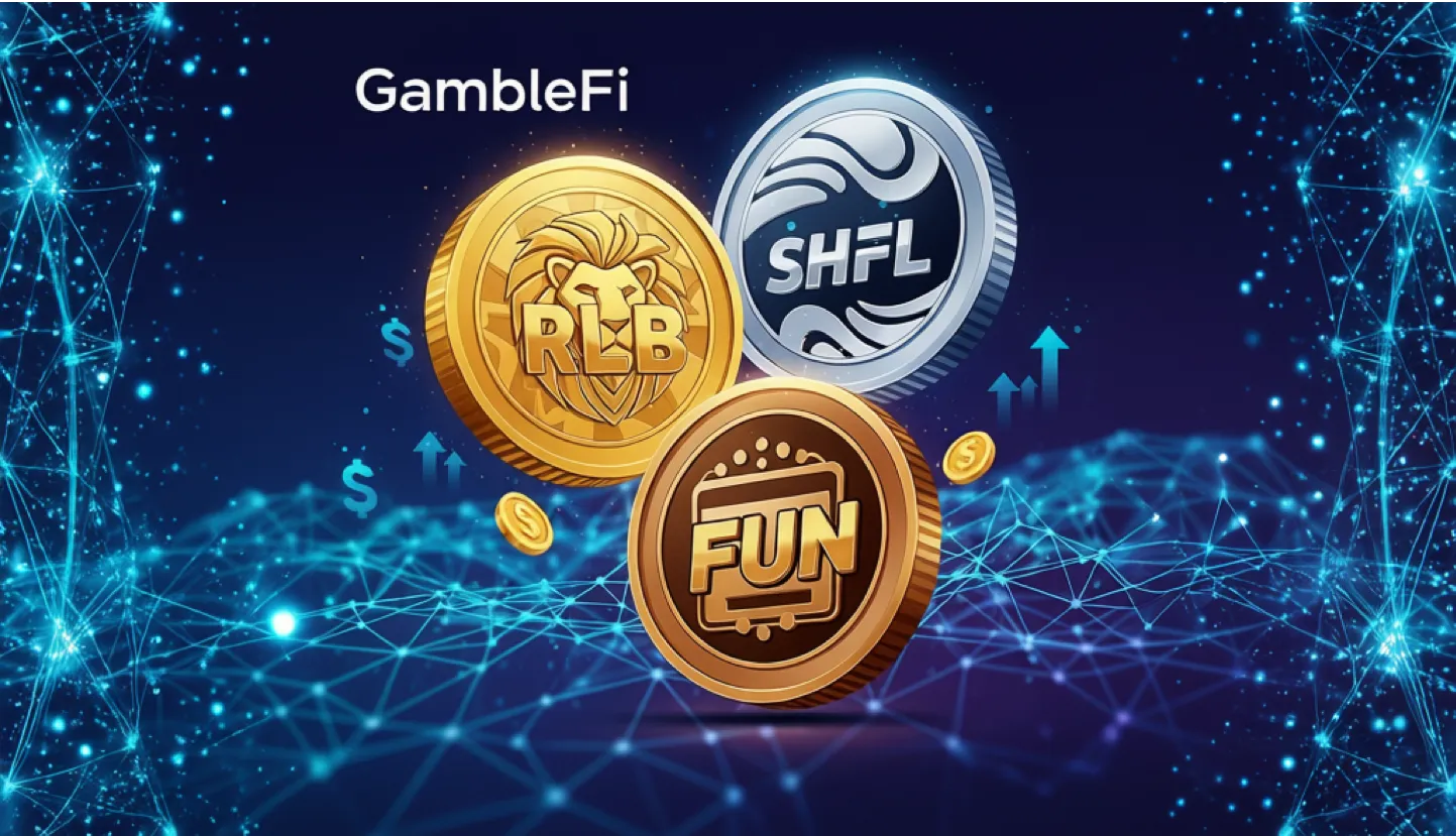 Illustration of underrated crypto gambling coins including RLB, SHFL, and FUN, symbolizing next-generation GambleFi tokens.