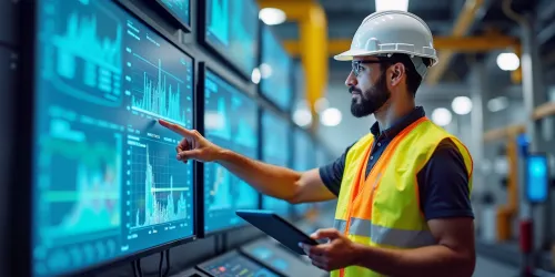 Expert data screen panel. Tech media real time chart. Modern factory 4.0 monitor check, indoor system control goal. 