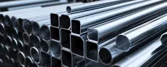 Stack of rolled metal products, steel pipes and square metal tubes