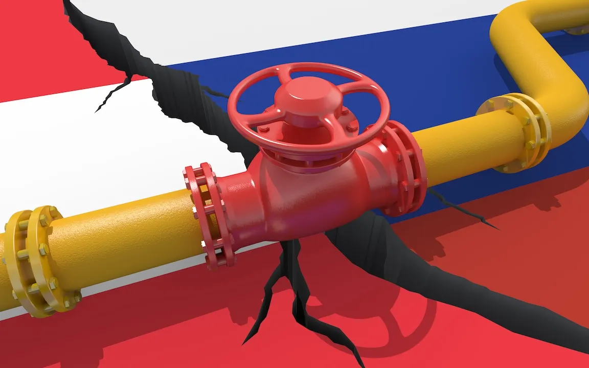 Gas or oil pipeline with valve on background of the flags of Russia and Austria. Financial sanctions and energy embargo because of the invasion of Ukraine. Oil import export. 3d render