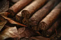 Tobacco Background. Group of Cuban Cigars on Vintage Tobacco Leaves