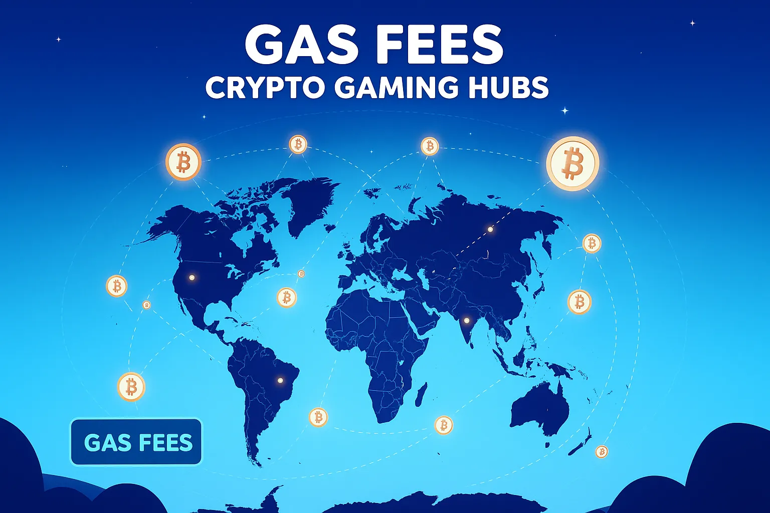 World map illustrating gas fees and crypto gaming hubs with glowing nodes and token icons