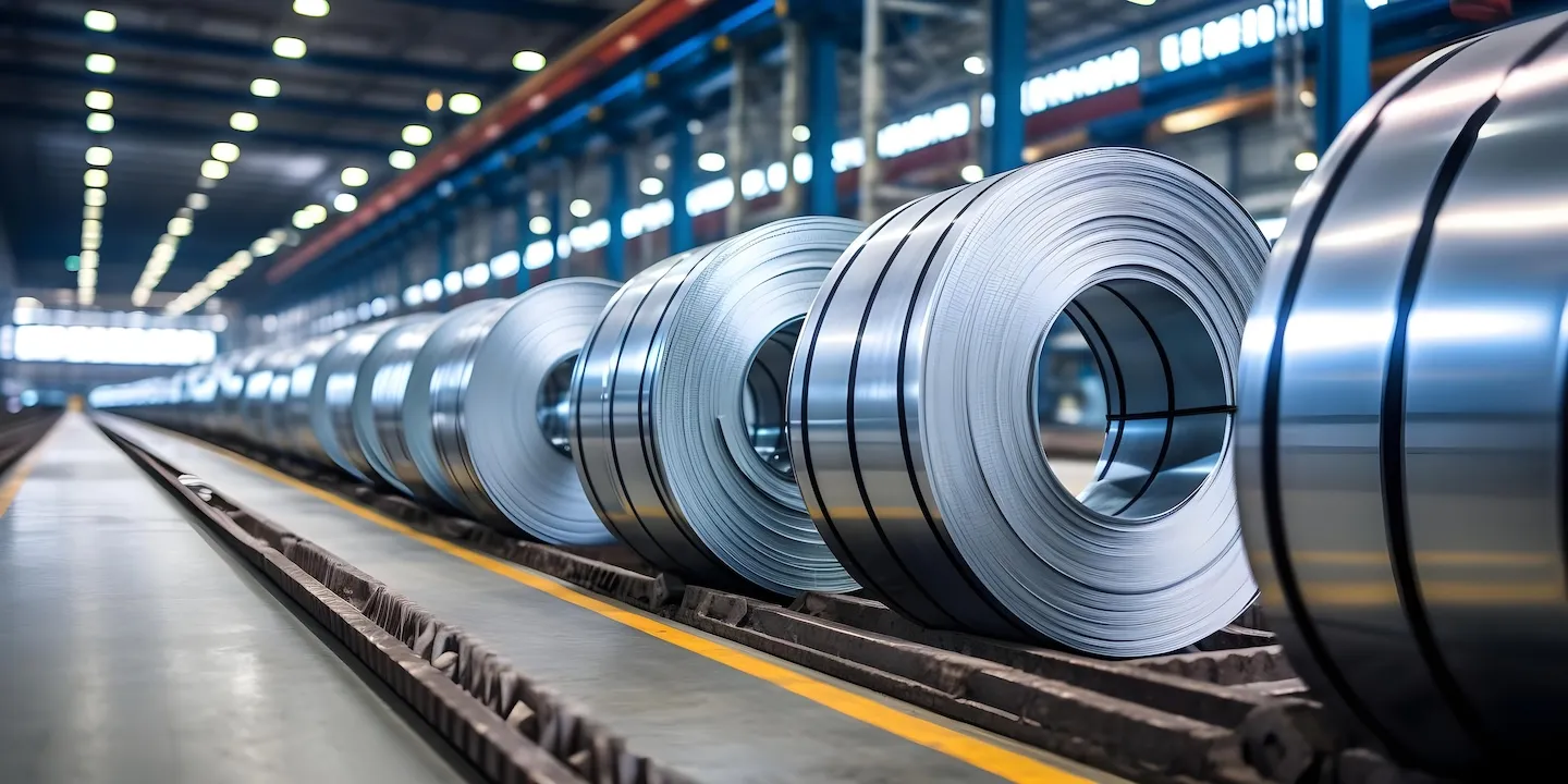 Galvanized steel coils in warehouse industrial setting. Concept Industrial Storage, Warehouse Operations,