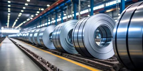 Galvanized steel coils in warehouse industrial setting. Concept Industrial Storage, Warehouse Operations,