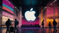 Apple Inc Logo against pink backdrop. People shopping for iPhones.