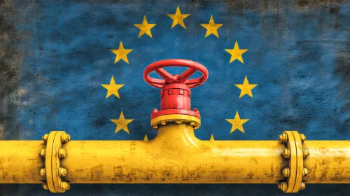 European flag and a yellow gas pipeline with a red flow control valve.
