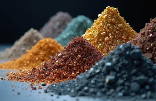 Piles of rare earth elements mined, refined. Resources include metallic ore in production for tech, electronics, renewable energy applications. Raw materials supply market.