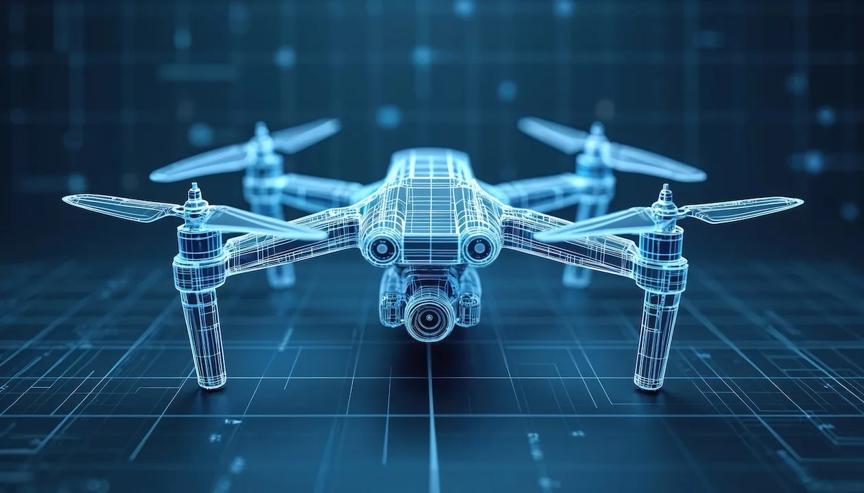 Wireframe drone with camera on blue background with grid lines. Futuristic tech innovation with aerial contraption, unmanned aircraft. Digital design with high technology, robotic automation.