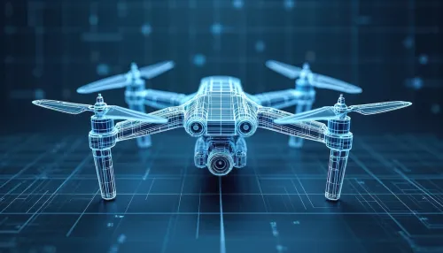 Wireframe drone with camera on blue background with grid lines. Futuristic tech innovation with aerial contraption, unmanned aircraft. Digital design with high technology, robotic automation.