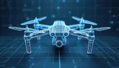 Wireframe drone with camera on blue background with grid lines. Futuristic tech innovation with aerial contraption, unmanned aircraft. Digital design with high technology, robotic automation.