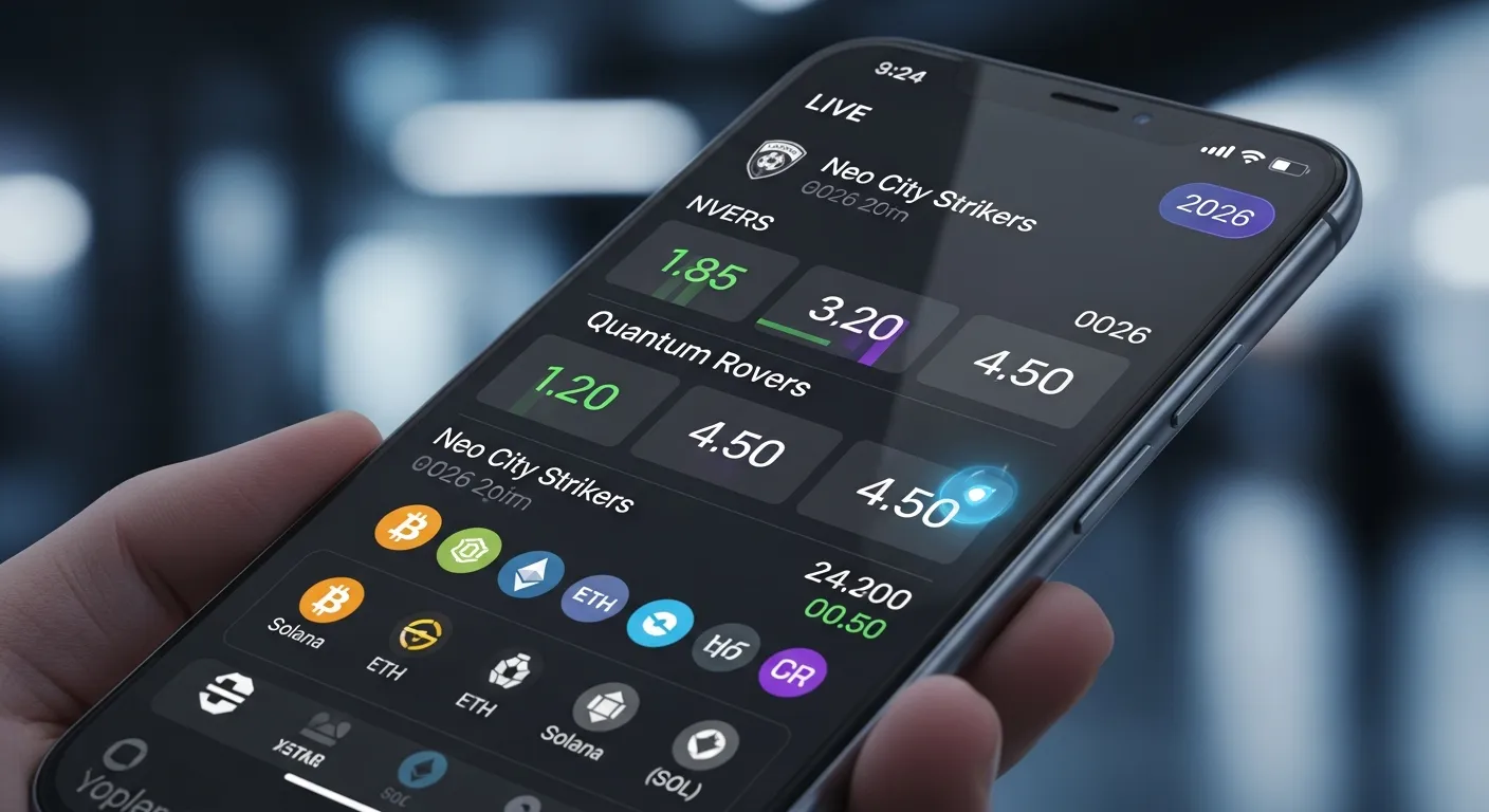 Crypto betting concept 2026: smartphone with sports odds and cryptocurrency icons