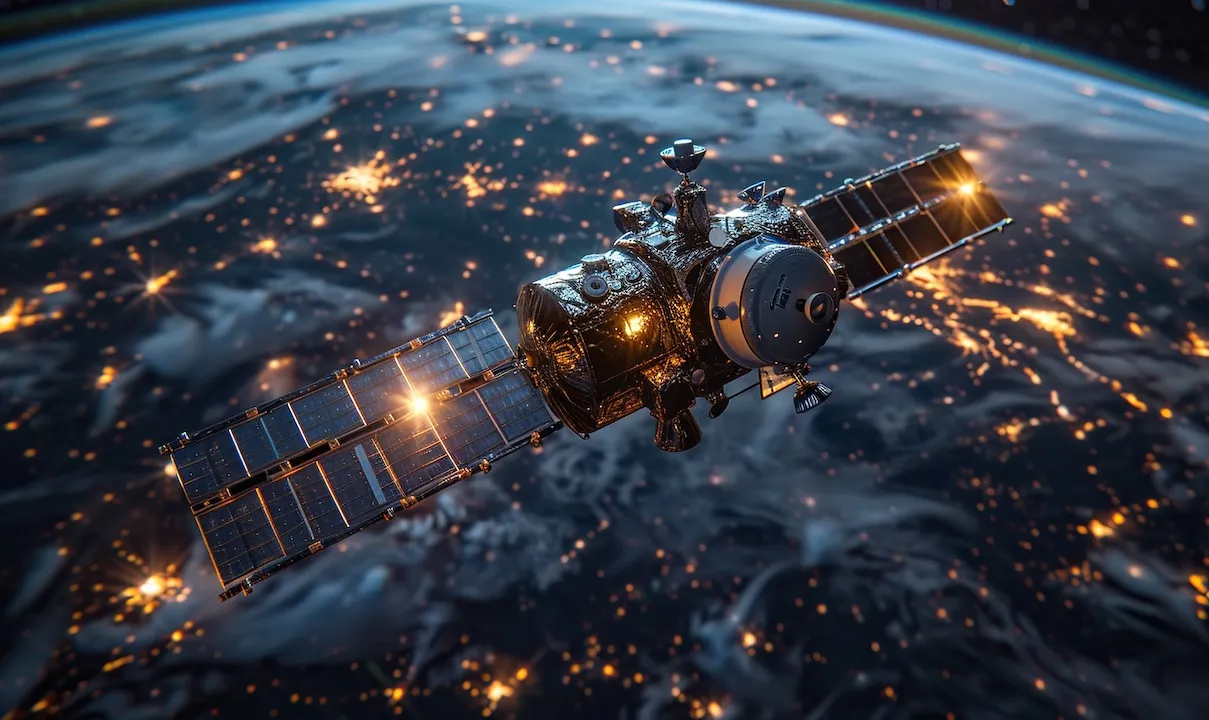 satellite trails flying over the planet starlink constellation concept.