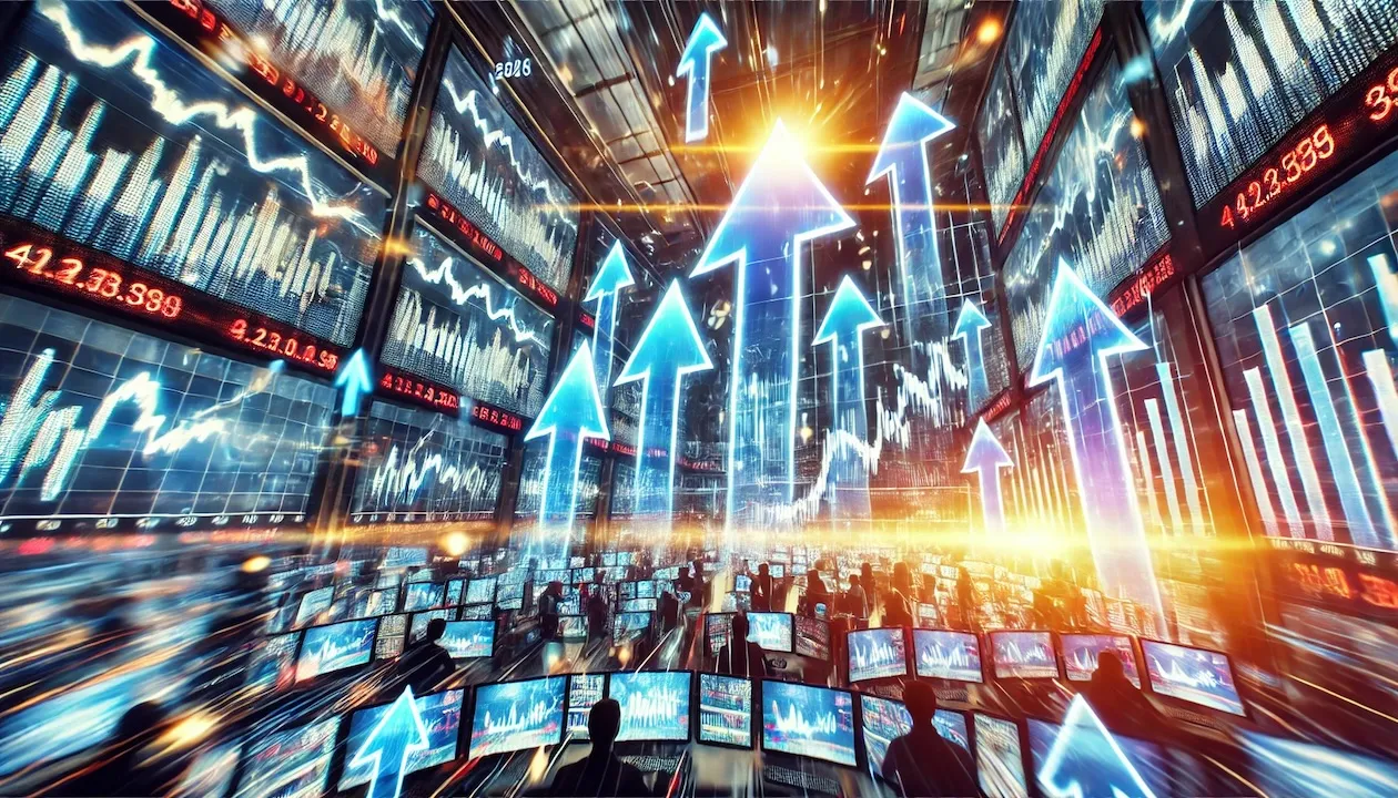 image depicting a rise in share prices in a dynamic stock market scen