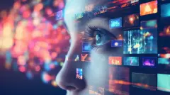 Close up of face captivated by screens.