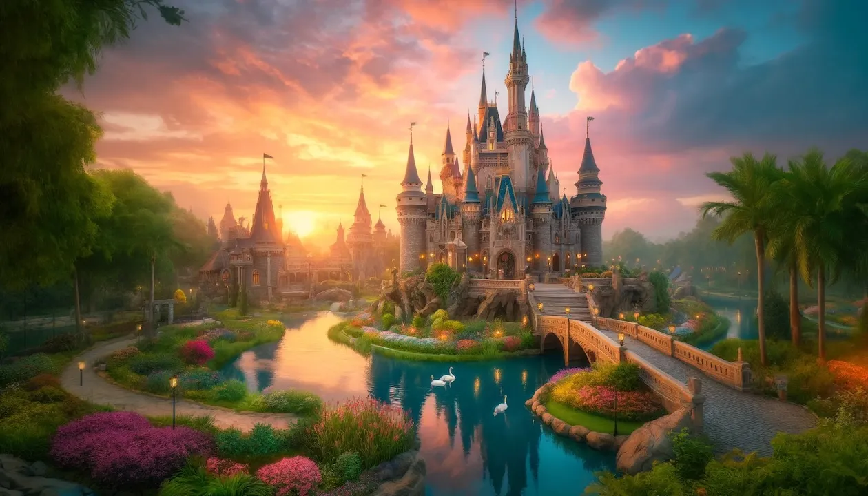 a magical castle at sunrise, surrounded by an enchanting garden and serene lake. The scene captures the essence of a fantasy kingdom where dreams come true.