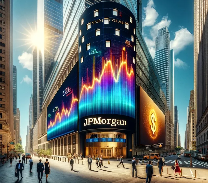 The image captures the essence of a bustling financial district, highlighting JPMorgan Chase & Co.'s success and strategic achievements in a vivid and engaging manner.