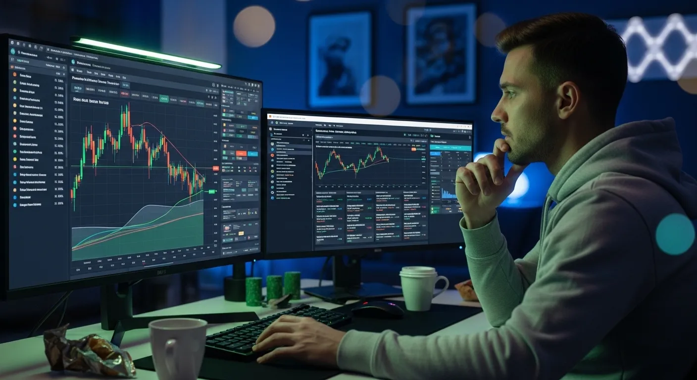 Crypto trader monitoring prediction market probabilities and macro data on screen