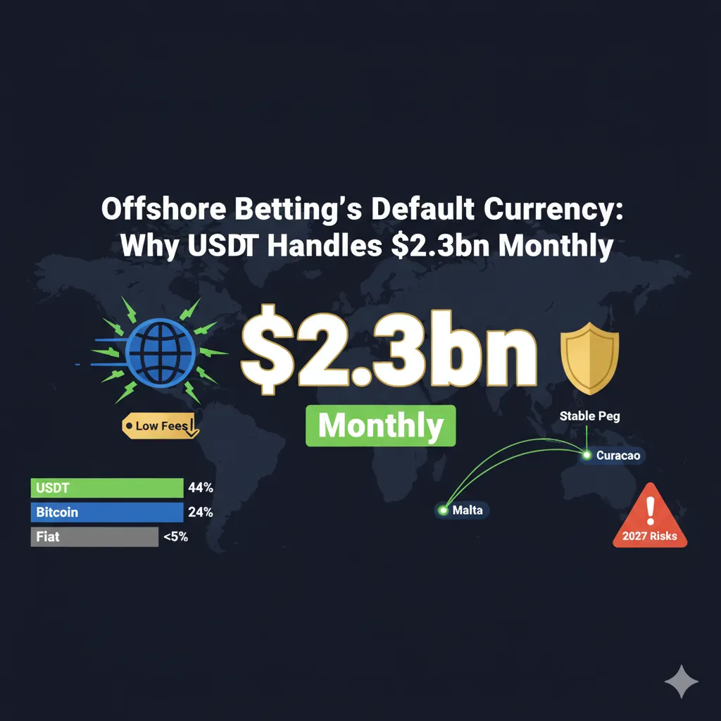 Bar chart showing Tether (USDT) 44 % share of crypto betting deposits in 2024, double bitcoin’s 24 % share