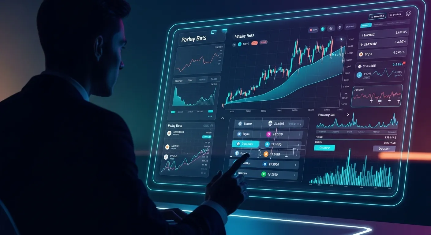 High-stakes crypto bettor hedging parlay bets on a luxury digital trading interface