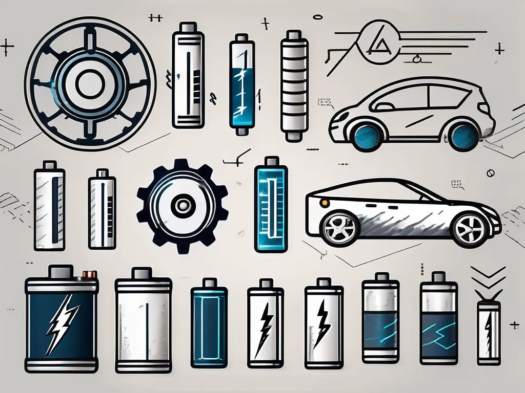 Illustration showcasing various battery types like AA, AAA, lithium-ion, and car batteries, with energy symbols and technological elements such as gears and circuits in the background.
