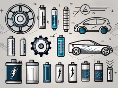Illustration showcasing various battery types like AA, AAA, lithium-ion, and car batteries, with energy symbols and technological elements such as gears and circuits in the background.