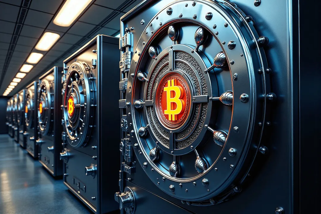 Rows of heavy steel vault holding bitcoin crypto, high security storage, in an underground treasury facility. Government, company strategic bitcoin reserve. Securing cryptocurrency offline