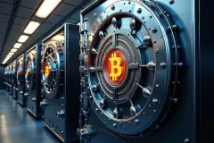 Rows of heavy steel vault holding bitcoin crypto, high security storage, in an underground treasury facility. Government, company strategic bitcoin reserve. Securing cryptocurrency offline