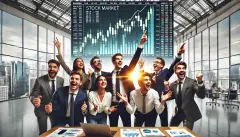 bullish investors against stock market chart in office environment