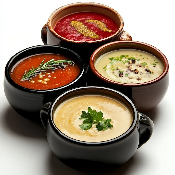 Four Bowls of Creamy and Chunky Soups with Garnish